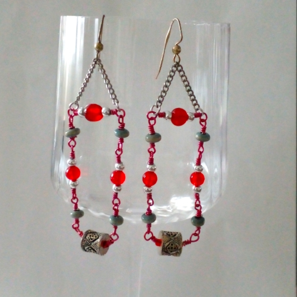 Wire Wrapped Red and Blue Glass Beaded Dangle Earrings